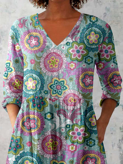 Women's Elegant Floral Pattern Cotton and Linen Top