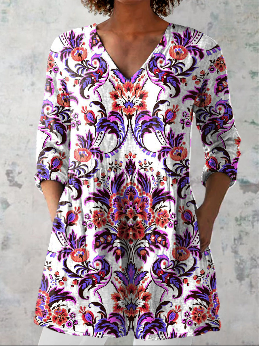 Colorful Ethnic Pattern Printed Women's Casual Linen V-Neck Shirt