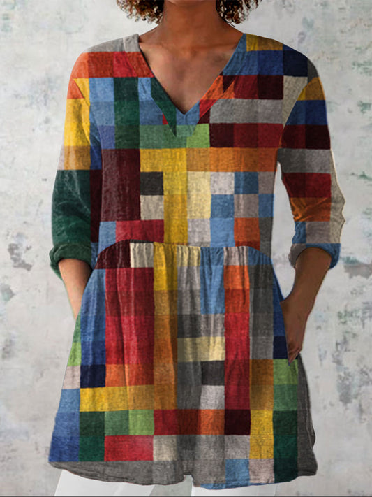 Women's  Vintage Art Print Casual Linen V-neck Shirt