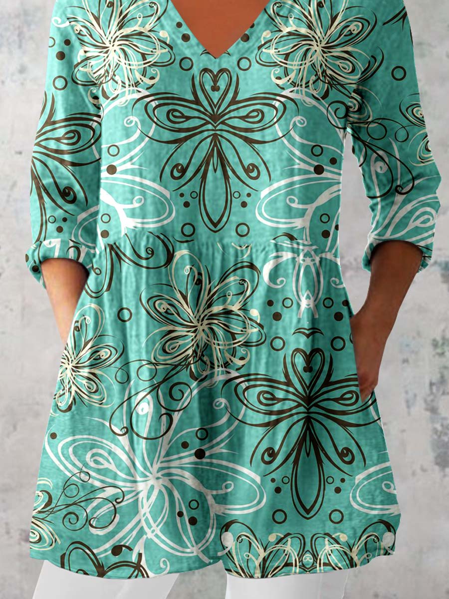 Women's Elegant Floral Pattern Cotton and Linen Top