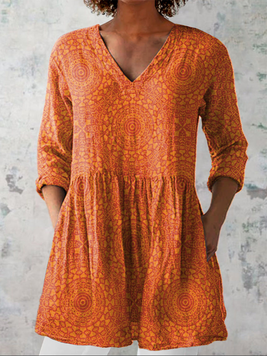 Summer Ethnic Pattern Printed Women's Casual Linen V-Neck Shirt