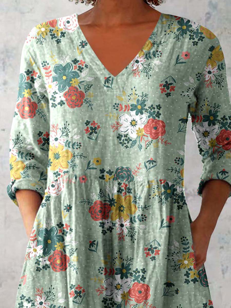 Women's Elegant Floral Pattern Cotton and Linen Top