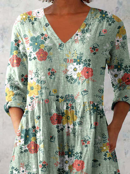 Women's Elegant Floral Pattern Cotton and Linen Top