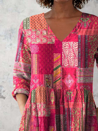 Women's Retro Floral Art Print Casual Cotton And Linen V-neck Top