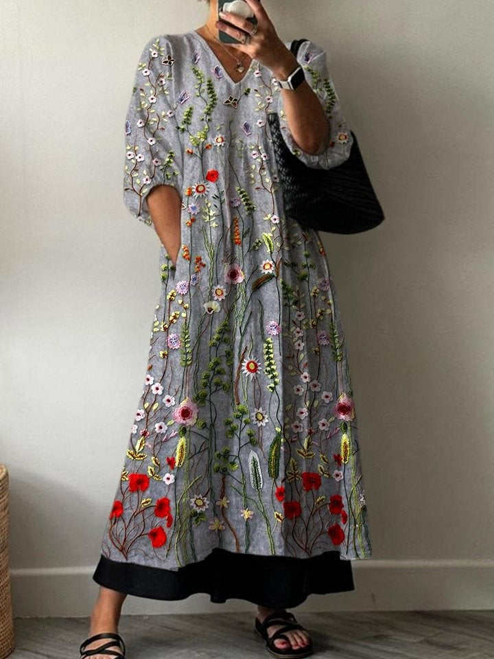 Women's Vintage Floral Art Print Casual Cotton Linen V-neck Shirt