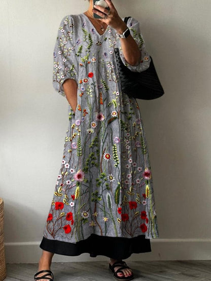 Women's Vintage Floral Art Print Casual Cotton Linen V-neck Shirt