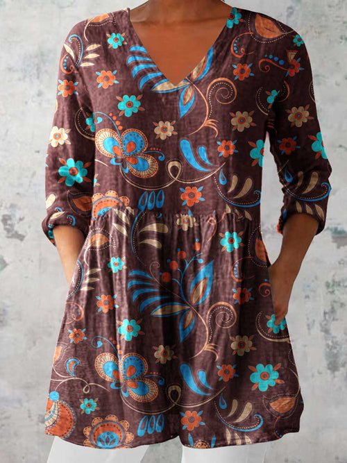 Women's Elegant Floral Print Cotton and Linen Top