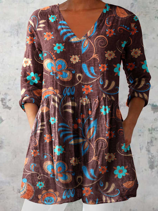 Women's Elegant Floral Print Cotton and Linen Top