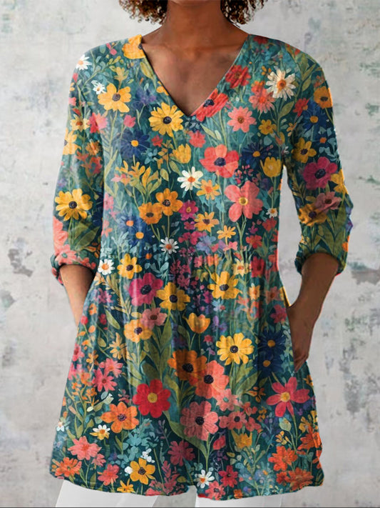 Oil Painting Summer Floral Pattern Printed Women's Casual Linen V-Neck Shirt