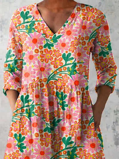 Retro Daisy Floral Pattern Printed Women's Casual Linen V-Neck Shirt