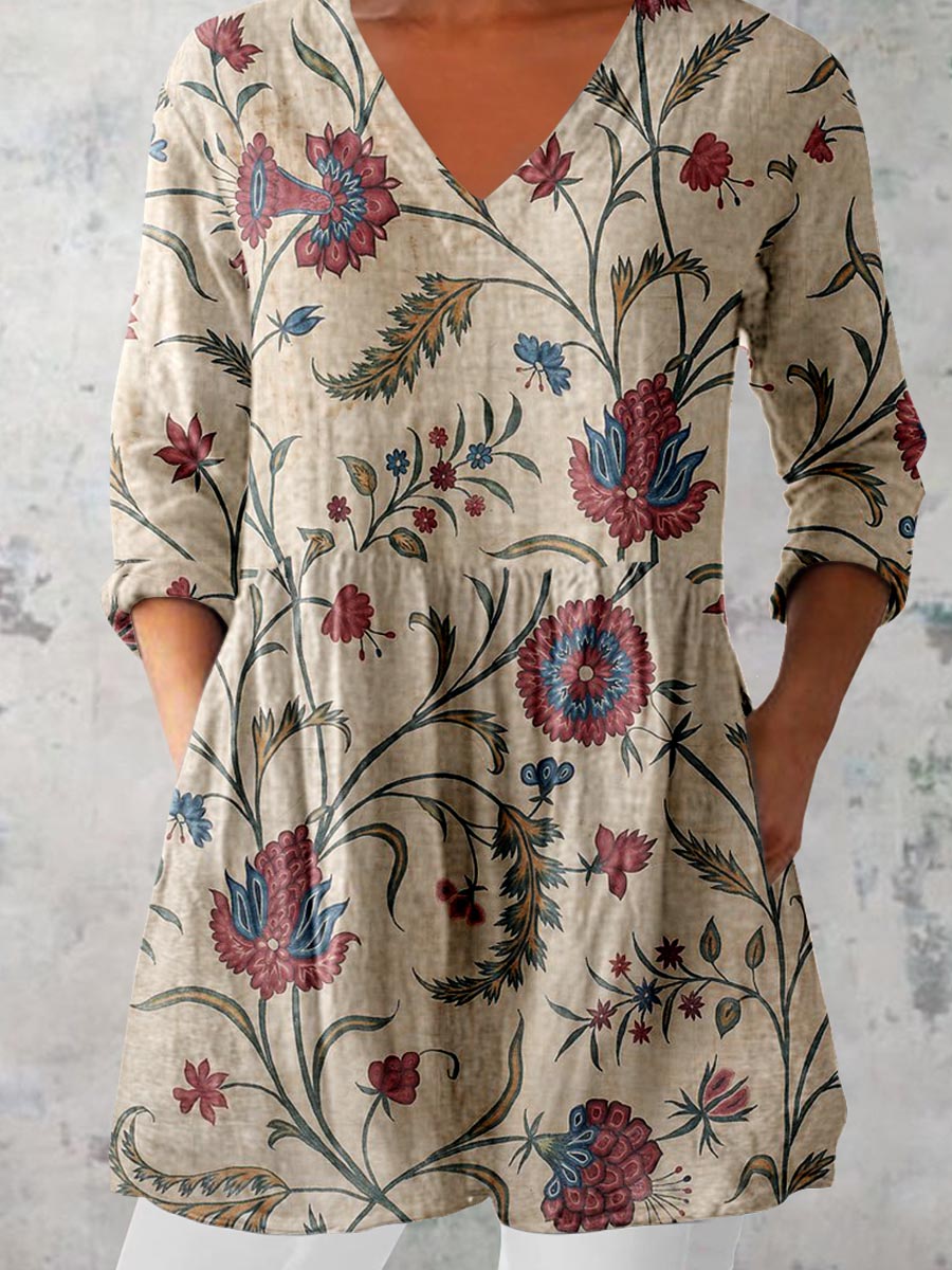 Women's Elegant Floral Print Cotton and Linen Top