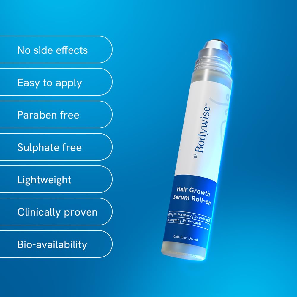 Be Bodywise Advanced Hair Growth Roll-On Serum | 3% Rosemary | 2% Aminexil | 3% Redensy l 2% Anagain | Precision Scalp Applicator | Paraben & Sulphate Free | Non oily and mess free