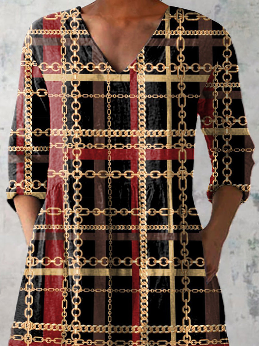 Gold Chain And Plaid Pattern Printed Women's Casual Linen V-Neck Shirt