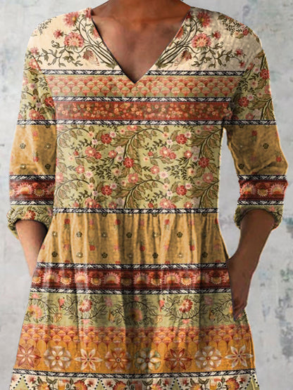 Vintage Ethnic Pattern Printed Women's Casual Linen V-Neck Shirt