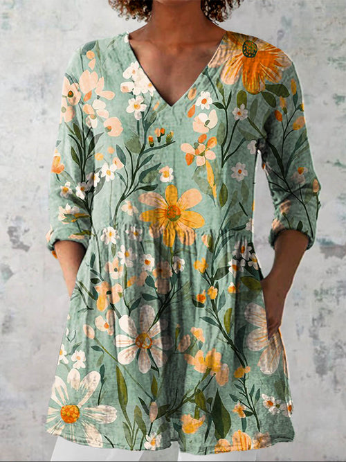 Women's Vintage Floral Art Print Casual Cotton Linen V-neck Shirt