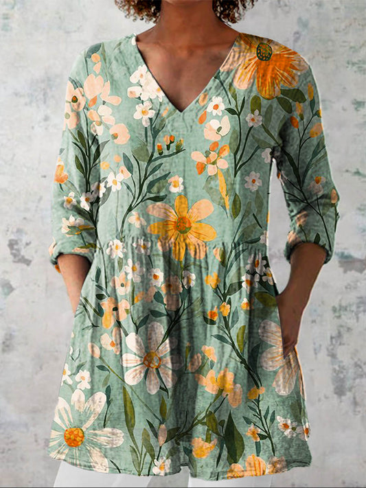 Women's Vintage Floral Art Print Casual Cotton Linen V-neck Shirt