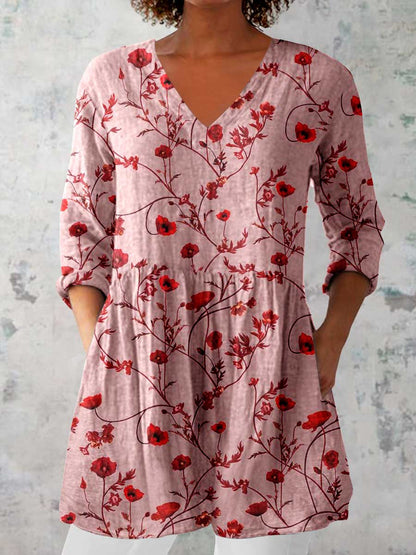 Women's Elegant Floral Print Linen Crew Neck Top