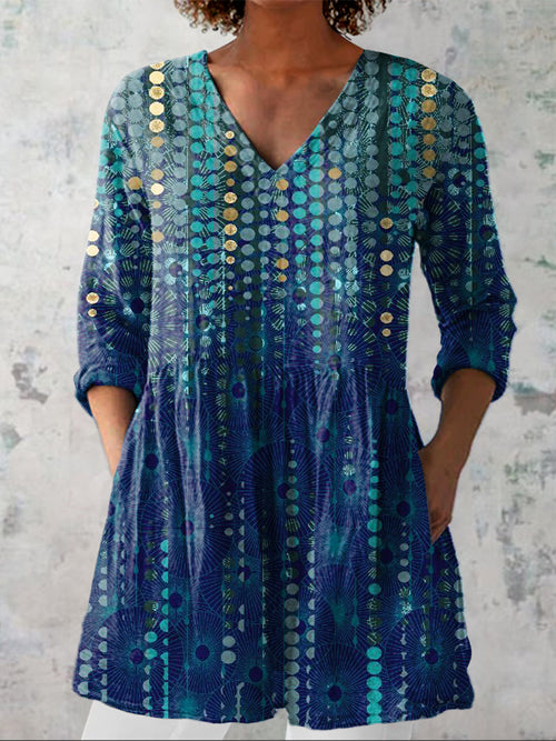 Abstract Water Droplet Art Printed Women's Casual Linen V-Neck Shirt