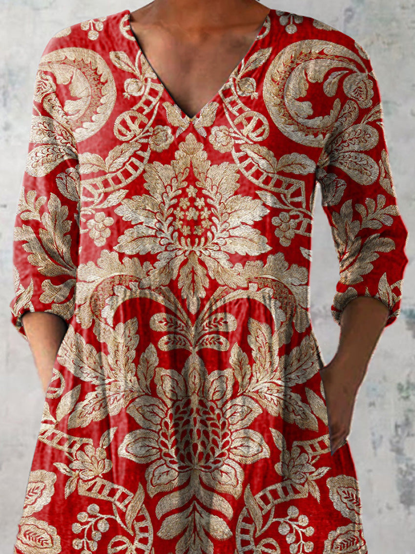 Ethnic Symmetrical Floral Pattern Printed Women's Casual Linen V-Neck Shirt
