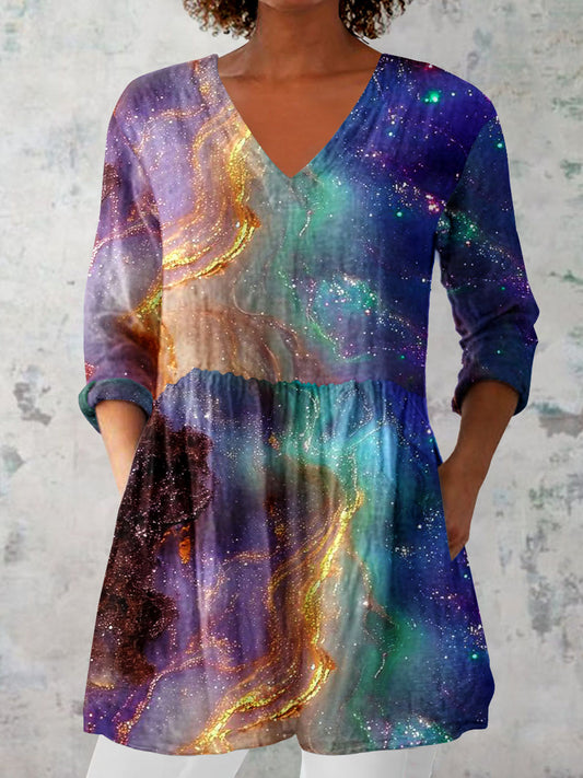 Women's Artistic Colorful Starry Sky Pattern Cotton and Linen Top