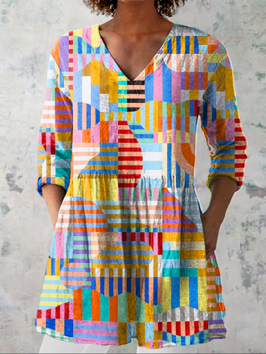 Bauhaus Style Abstract Geometric Pattern Printed Women's Casual Linen V-Neck Shirt