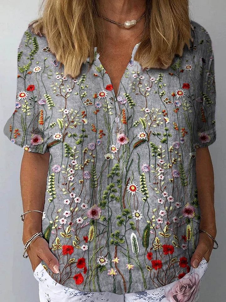 Women's Vintage Floral Art Print Casual Cotton Linen V-neck Shirt