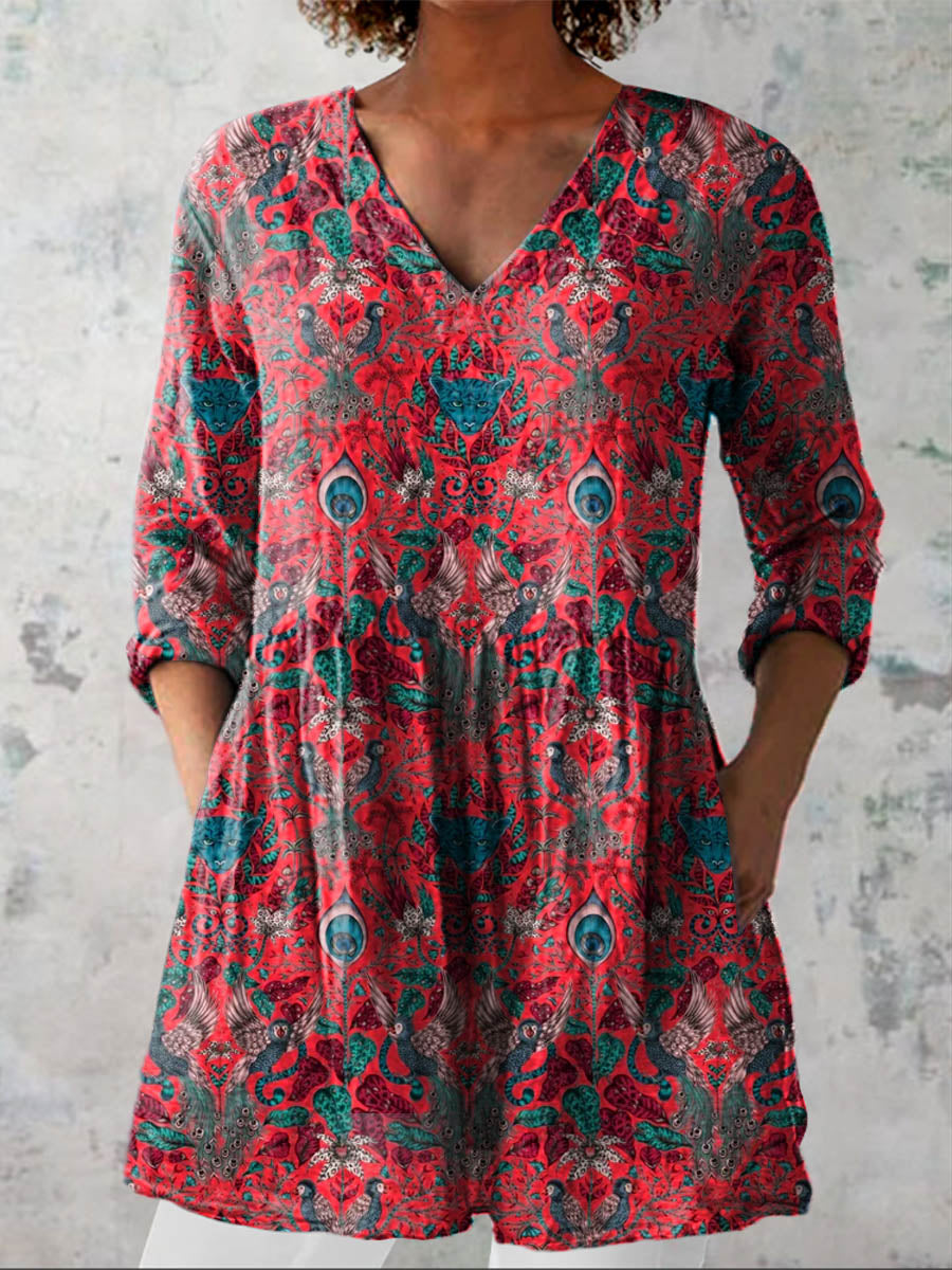 Women's Vintage Lovely Floral Animals Art Print Casual Linen V-neck Shirt