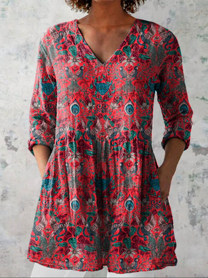 Women's Vintage Lovely Floral Animals Art Print Casual Linen V-neck Shirt