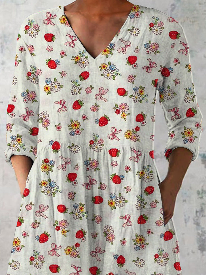 Vintage Summer Strawberry Pattern Printed Women's Casual Linen V-Neck Shirt