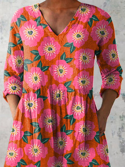 Vibrant Summer Floral Pattern Printed Women's Casual Linen V-Neck Shirt