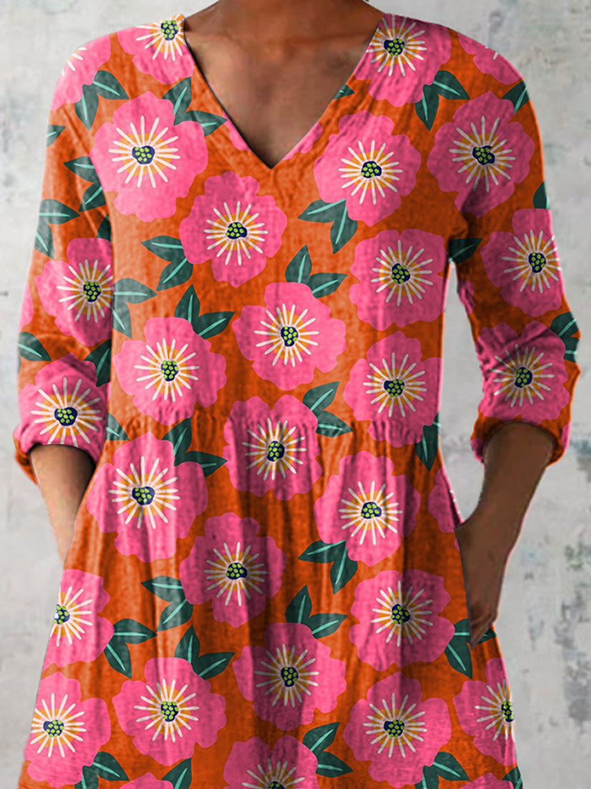 Vibrant Summer Floral Pattern Printed Women's Casual Linen V-Neck Shirt