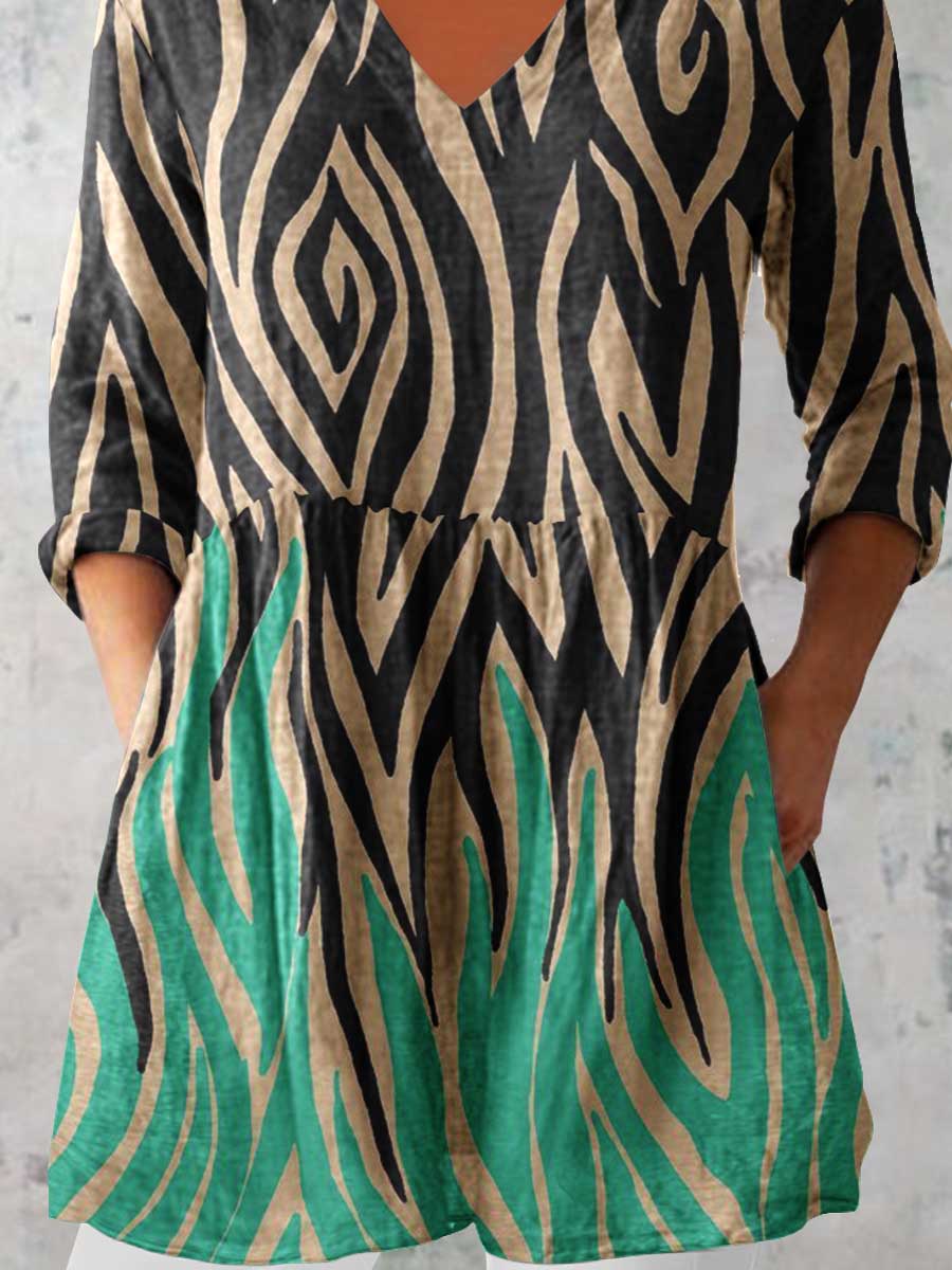 Women's Artistic Striped V-Neck Cotton and Linen Top