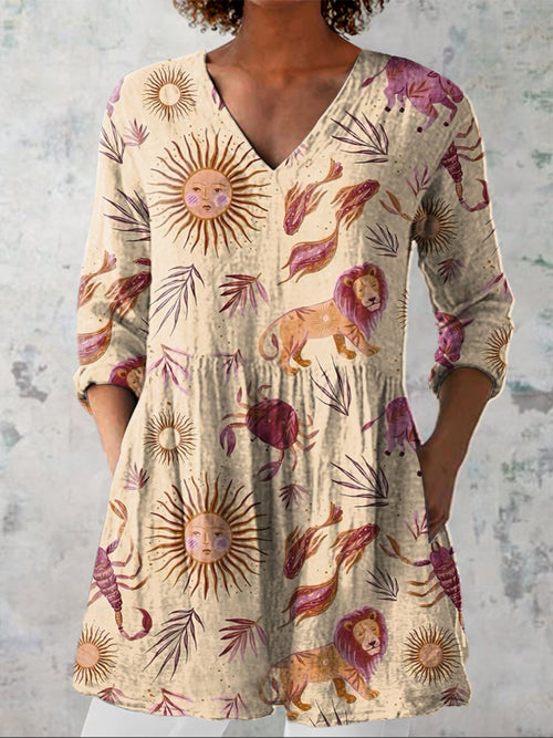 Mythical Horoscope Pattern Printed Women's Casual Linen V-Neck Shirt