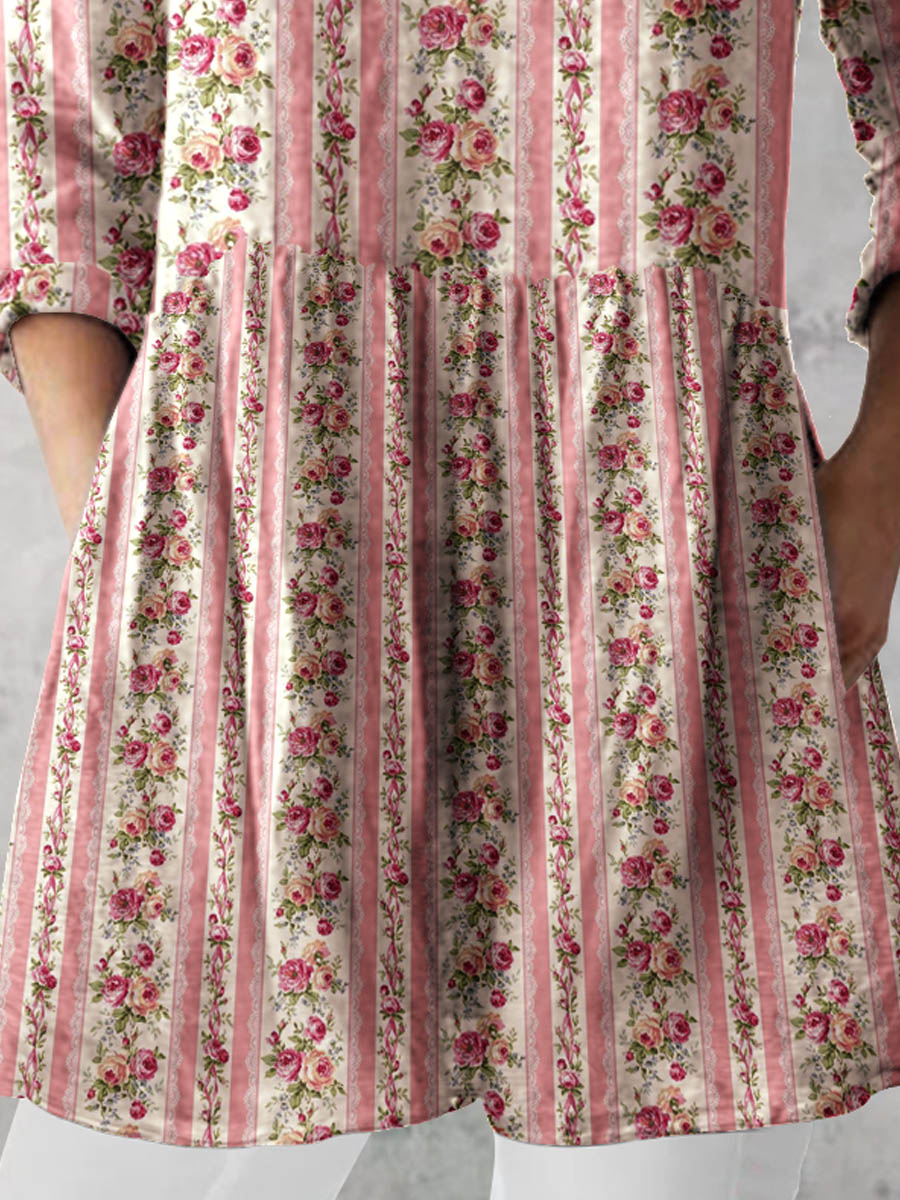 Women's Retro Floral Art Print Casual Cotton And Linen V-neck Top