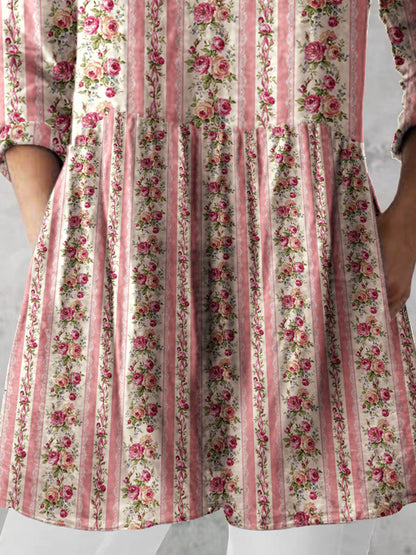 Women's Retro Floral Art Print Casual Cotton And Linen V-neck Top