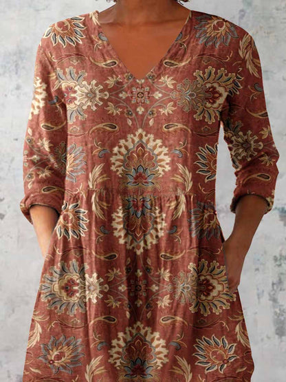 Women's Elegant Floral Pattern Round Neck Cotton and Linen Top