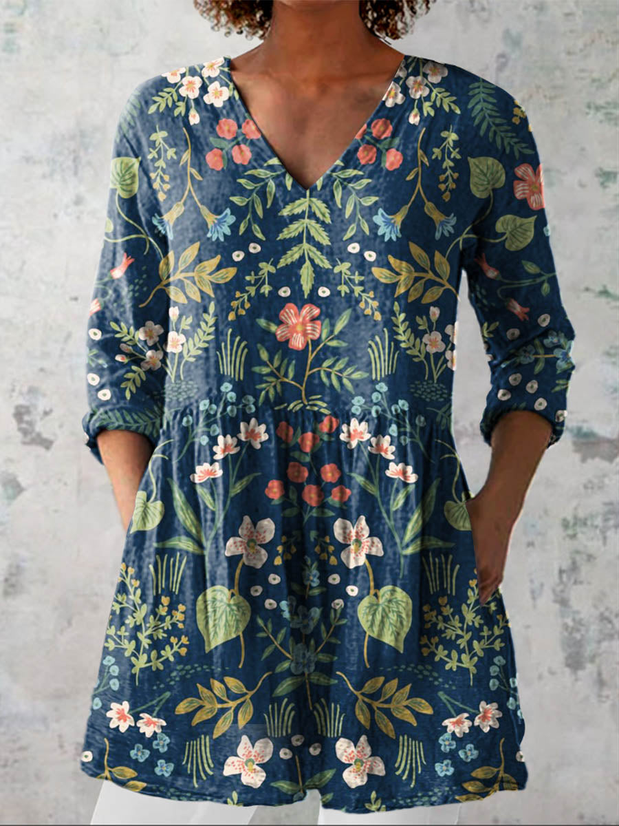 Women's Vintage Lovely Floral Art Print Casual Linen V-neck Shirt