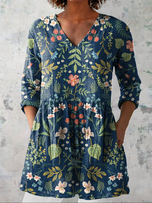 Women's Vintage Lovely Floral Art Print Casual Linen V-neck Shirt