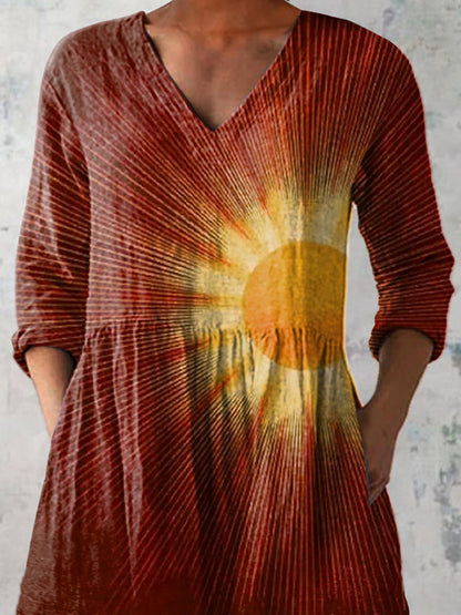 Vintage Sun Art Printed Women's Casual Linen V-Neck Shirt