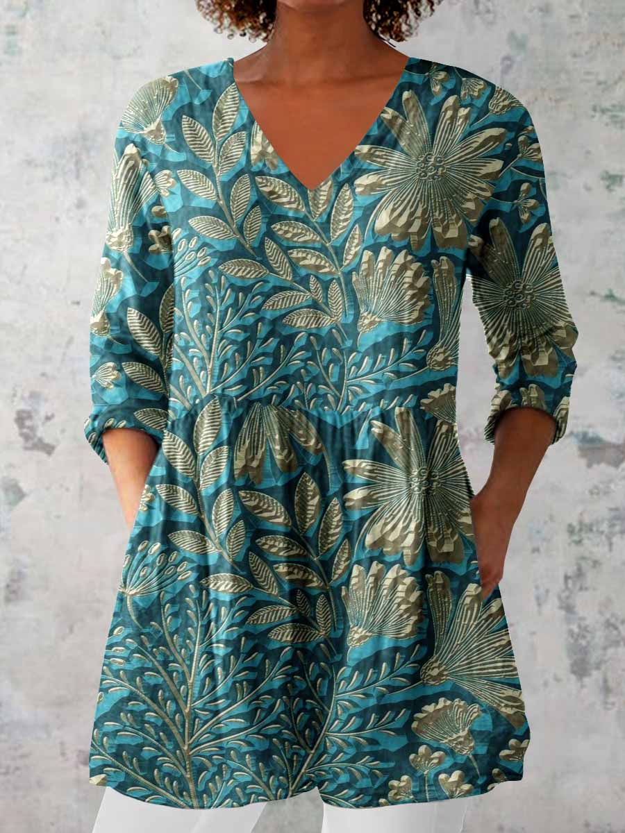 Women's Elegant Floral Pattern Cotton and Linen Top