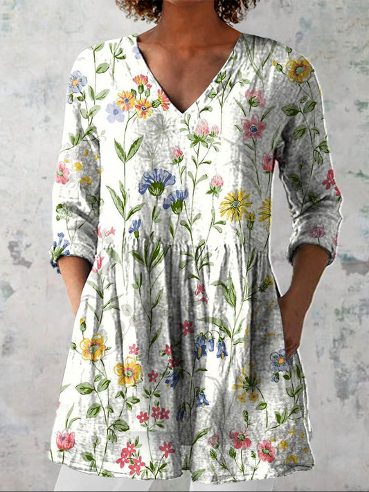 Women's Lovely Floral Pattern Art Print Casual Cotton Linen V-neck Shirt