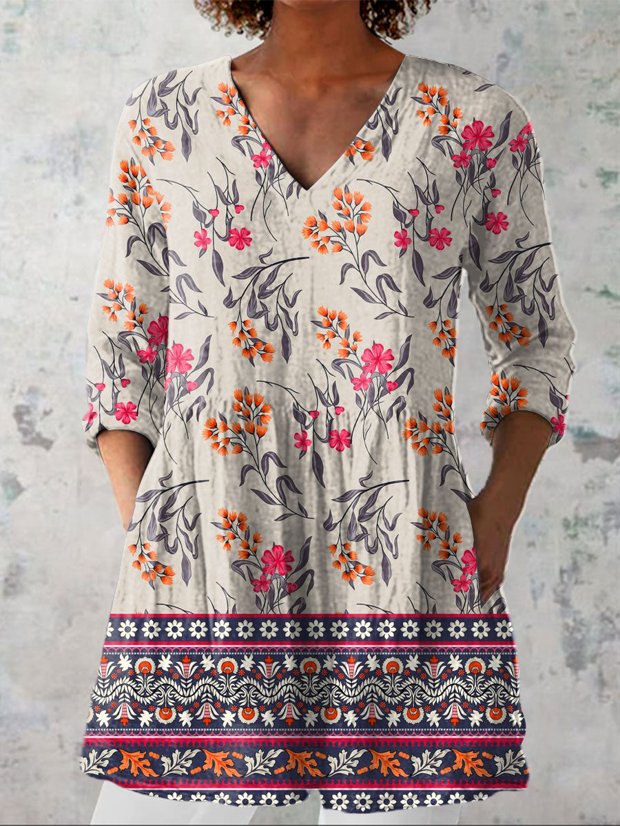 Women's Boho Flowers Art Print Casual Linen V-neck Shirt