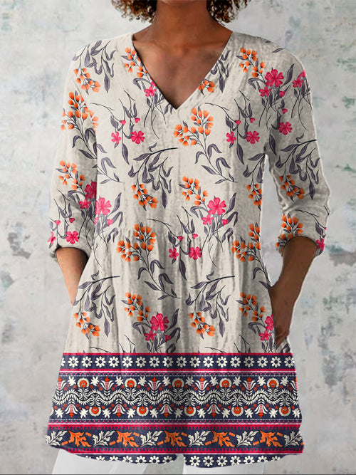 Women's Boho Flowers Art Print Casual Linen V-neck Shirt