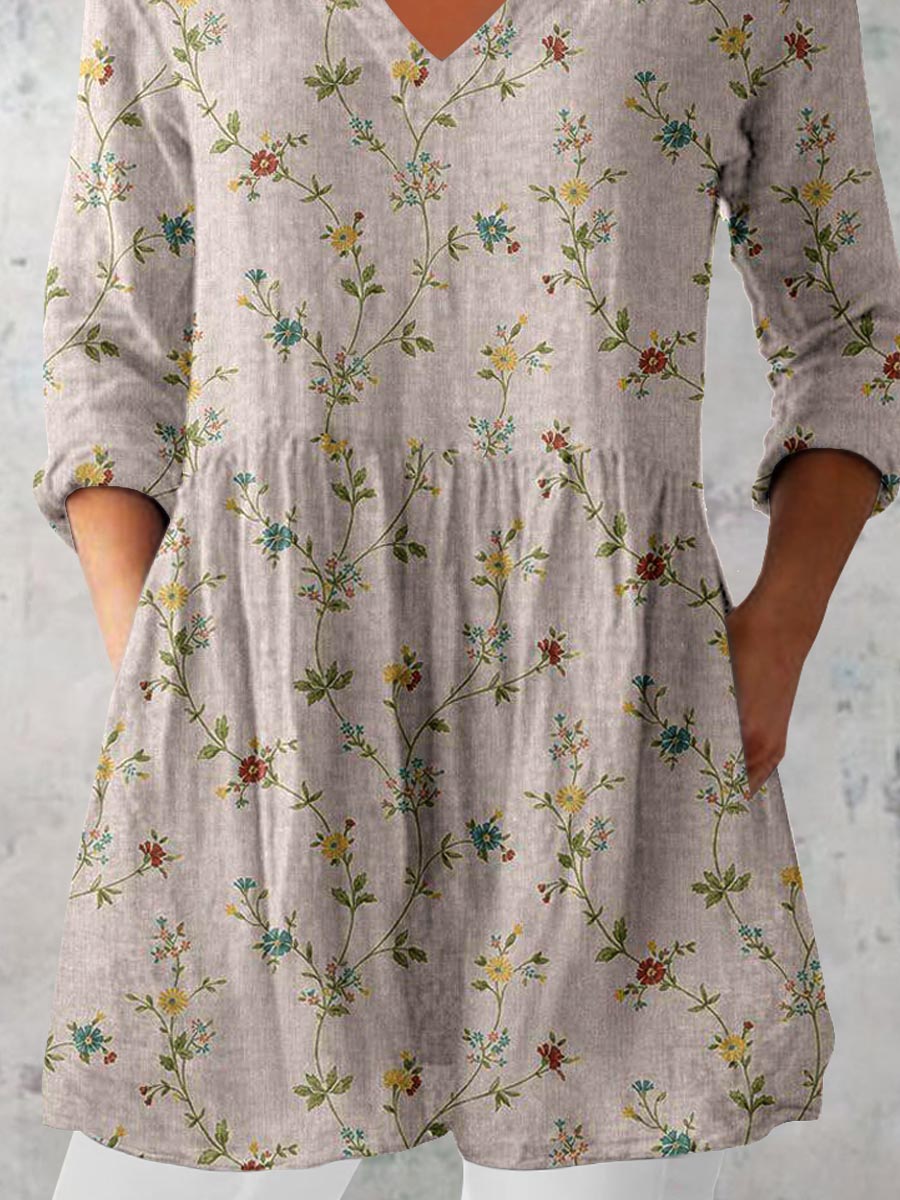 Women's Elegant Art Floral Print V-Neck Cotton and Linen Top