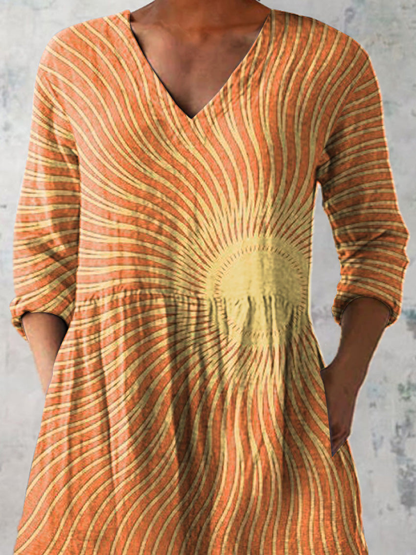 Celestial Sun Art Printed Women's Casual Linen V-Neck Shirt