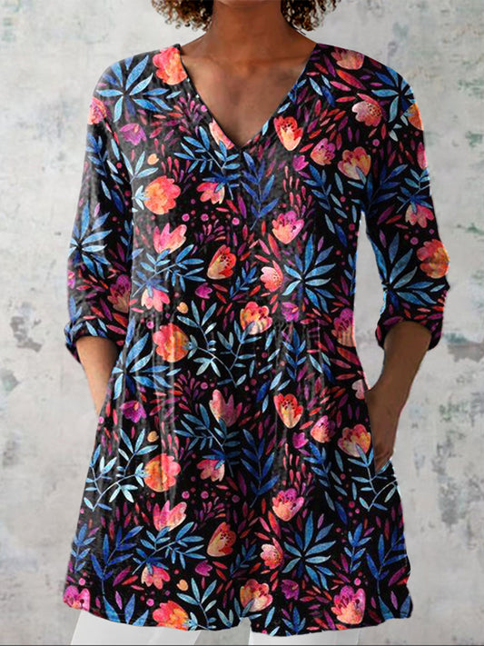 Summer Night Garden Pattern Printed Women's Casual Linen V-Neck Shirt