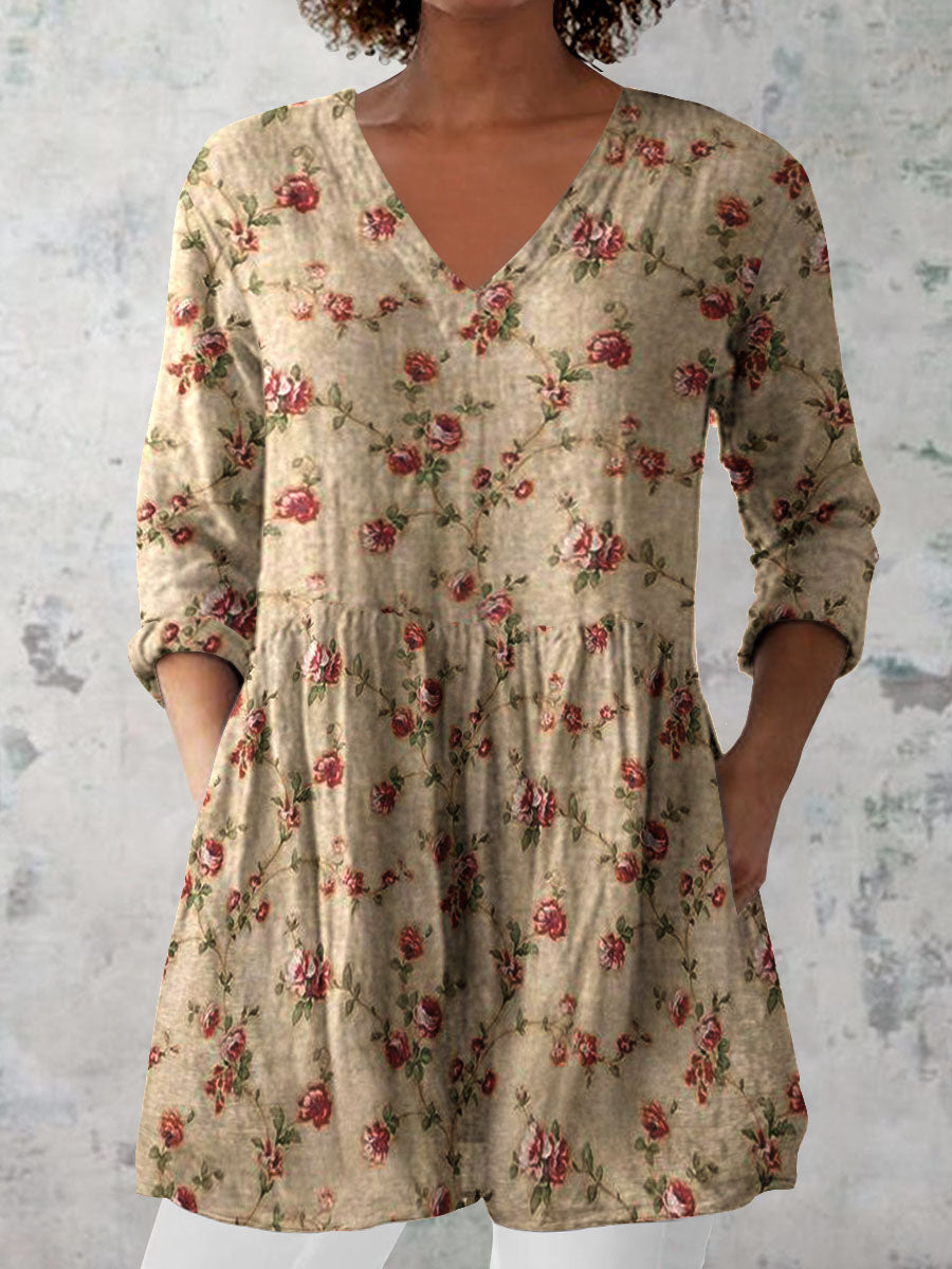 Women's Retro Floral Art Print Casual Cotton And Linen V-neck Top