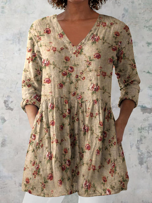 Women's Retro Floral Art Print Casual Cotton And Linen V-neck Top