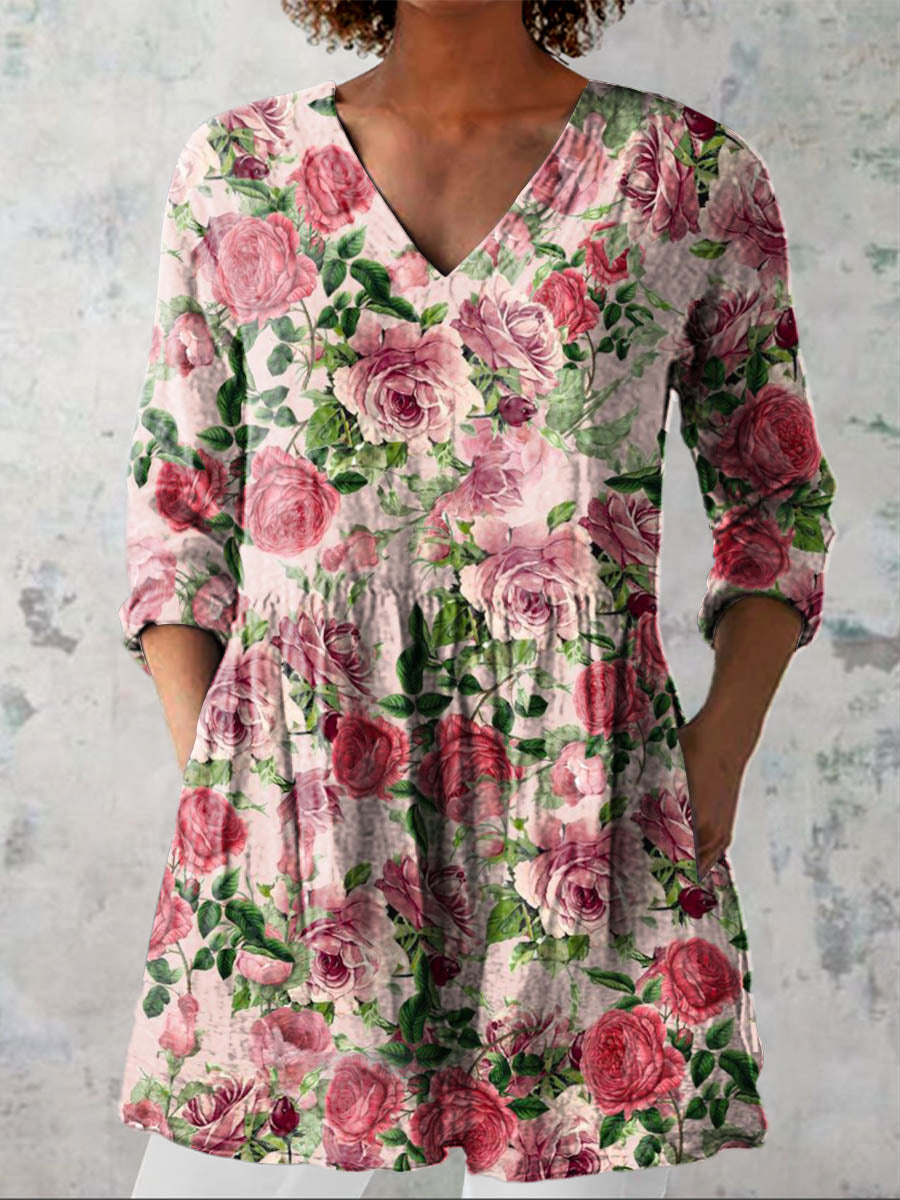Women's Vintage Floral Art Print Casual Cotton Linen V-neck Shirt