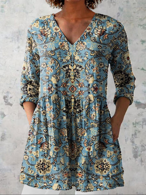 Women's Vintage Floral Art Print Casual Cotton Linen V-neck Shirt